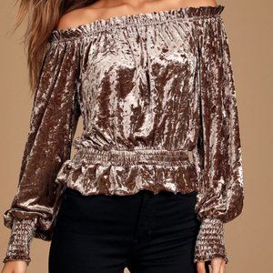 Lulus Dark Taupe Velvet Off-The-Shoulder Top, New with Tags size S